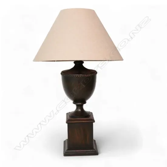 A c.1990s wooden table lamp and shade,